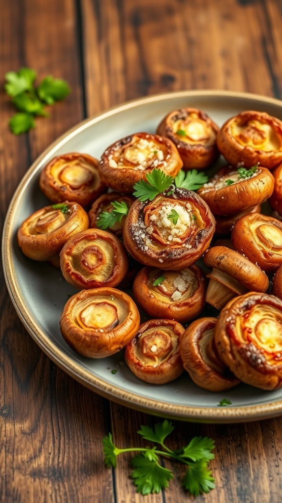 Crispy air fryer baked mushrooms garnished with parsley and Parmesan cheese on a rustic plate.